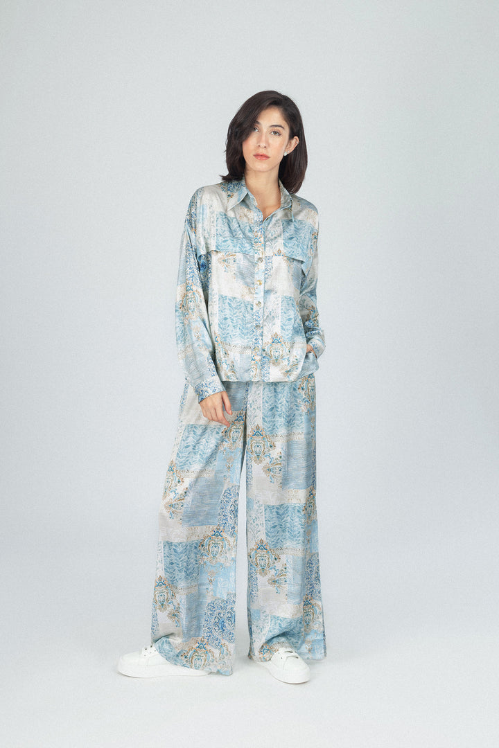 Flowered Printed Green Satin Set
