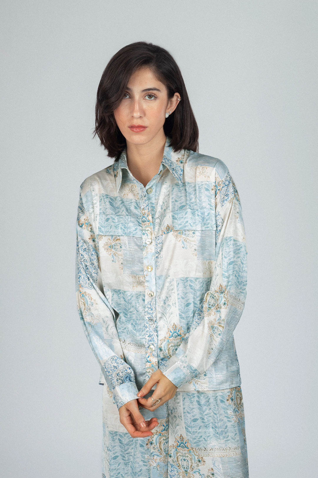 Flowered Printed Green Satin Set