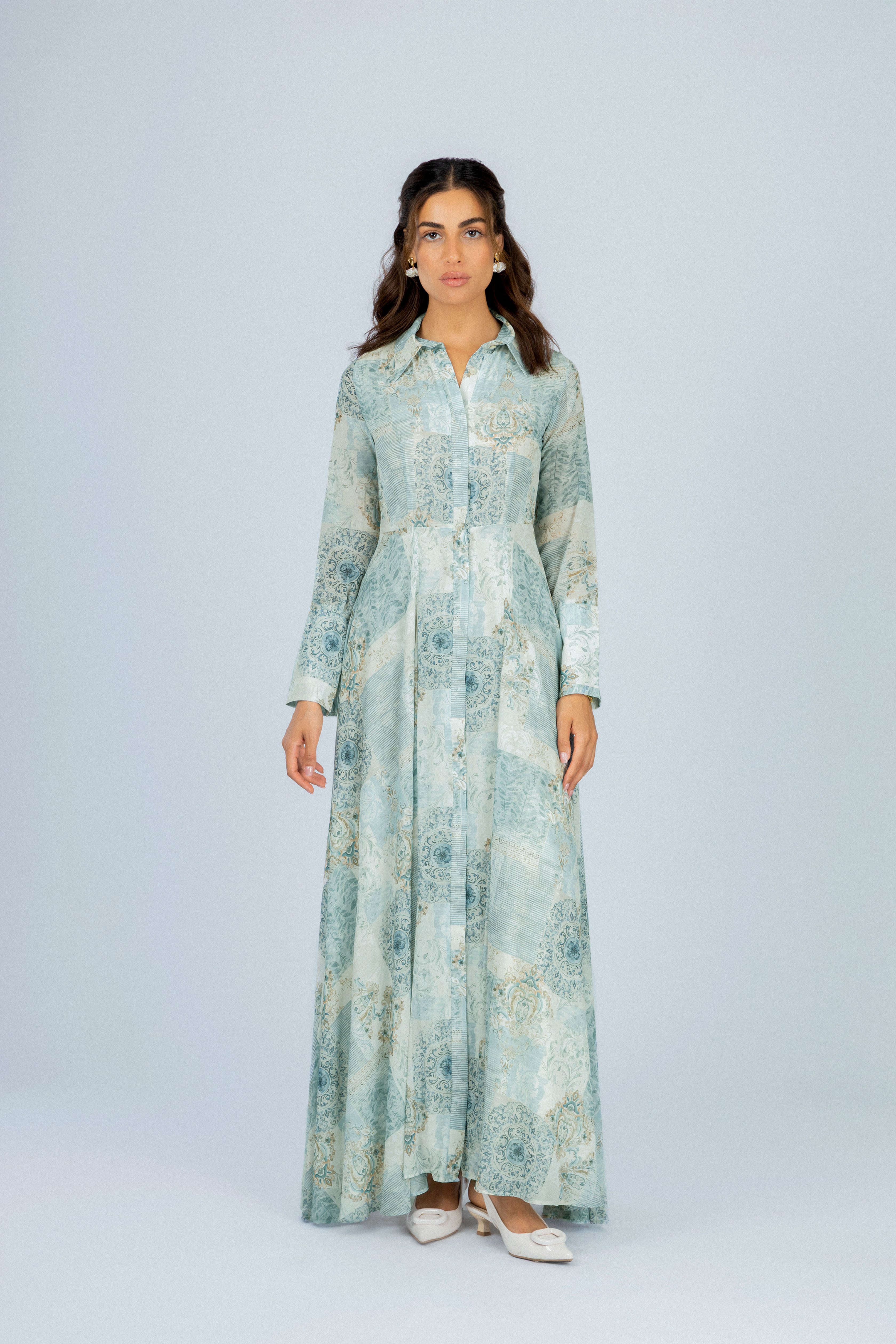 Printed Light Green Chiffon Classic Long Dress