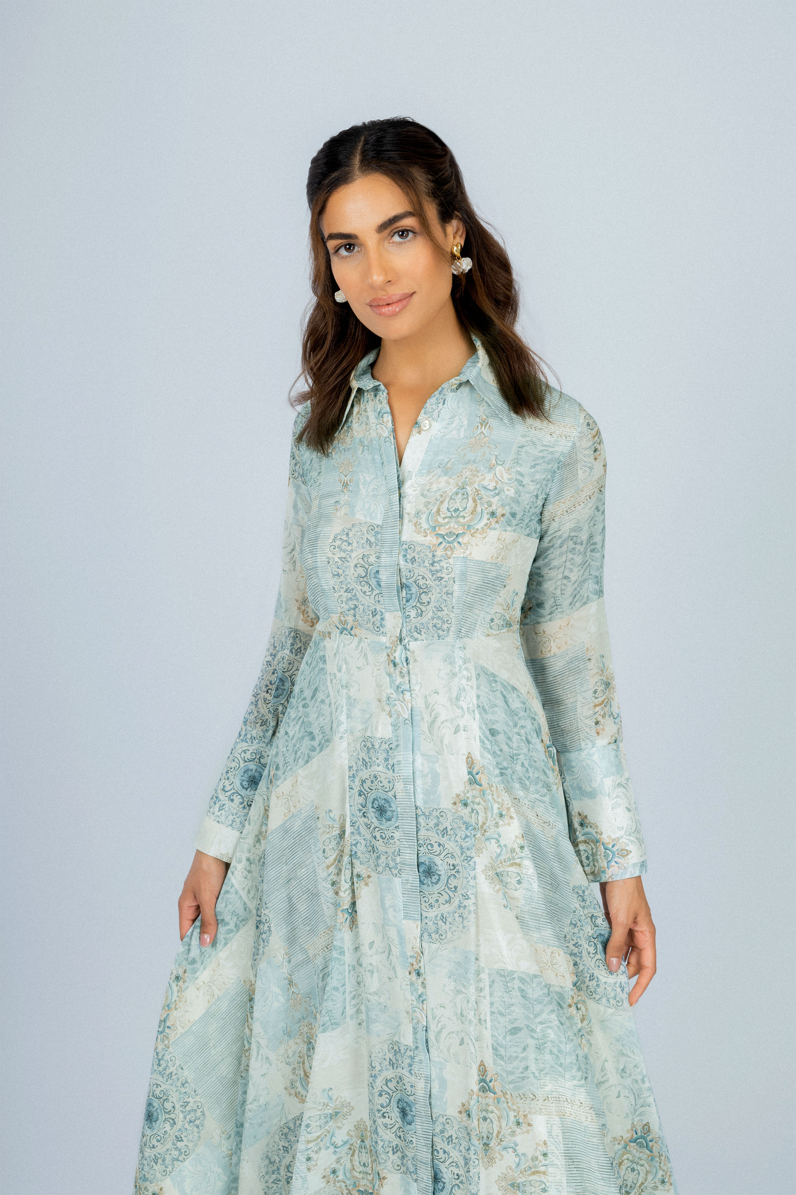 Printed Light Green Chiffon Classic Long Dress