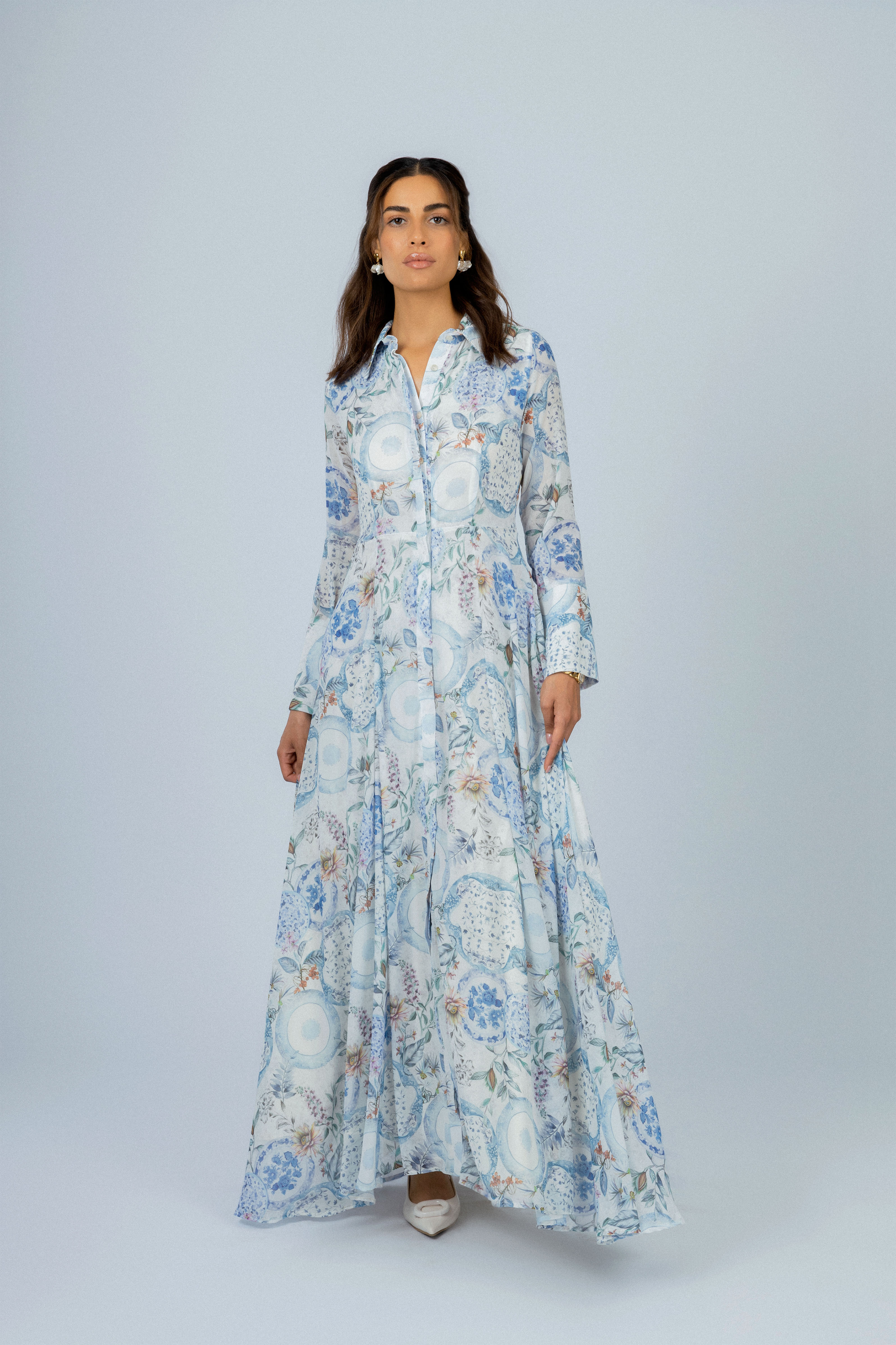 Printed Blue Chiffon Classic Long Dress