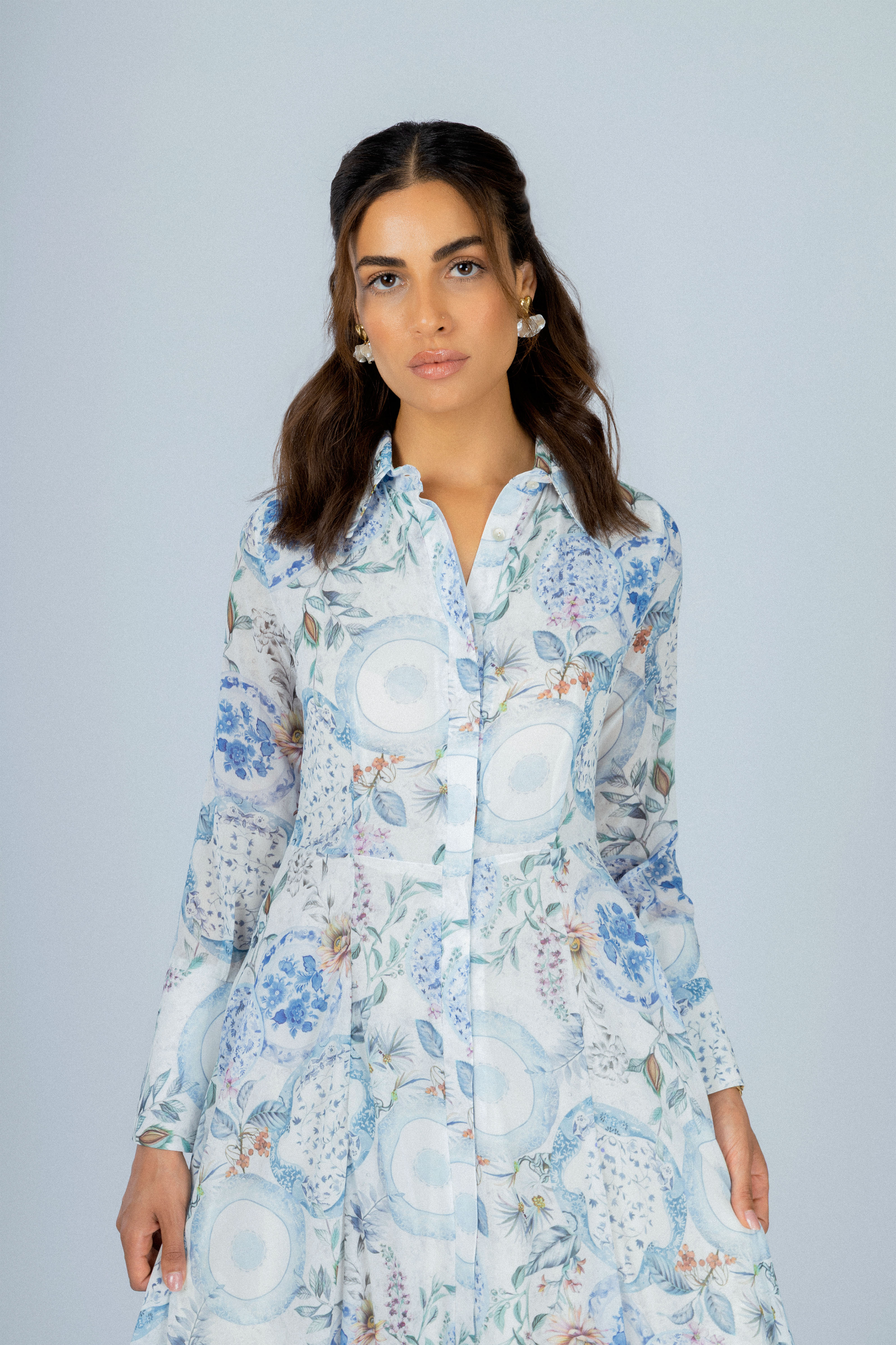 Printed Blue Chiffon Classic Long Dress