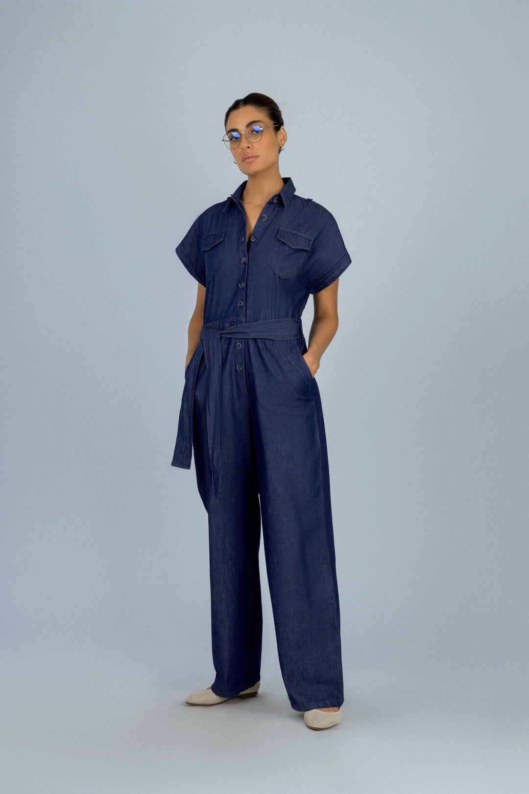 Navy Button-up Jeans jumpsuit