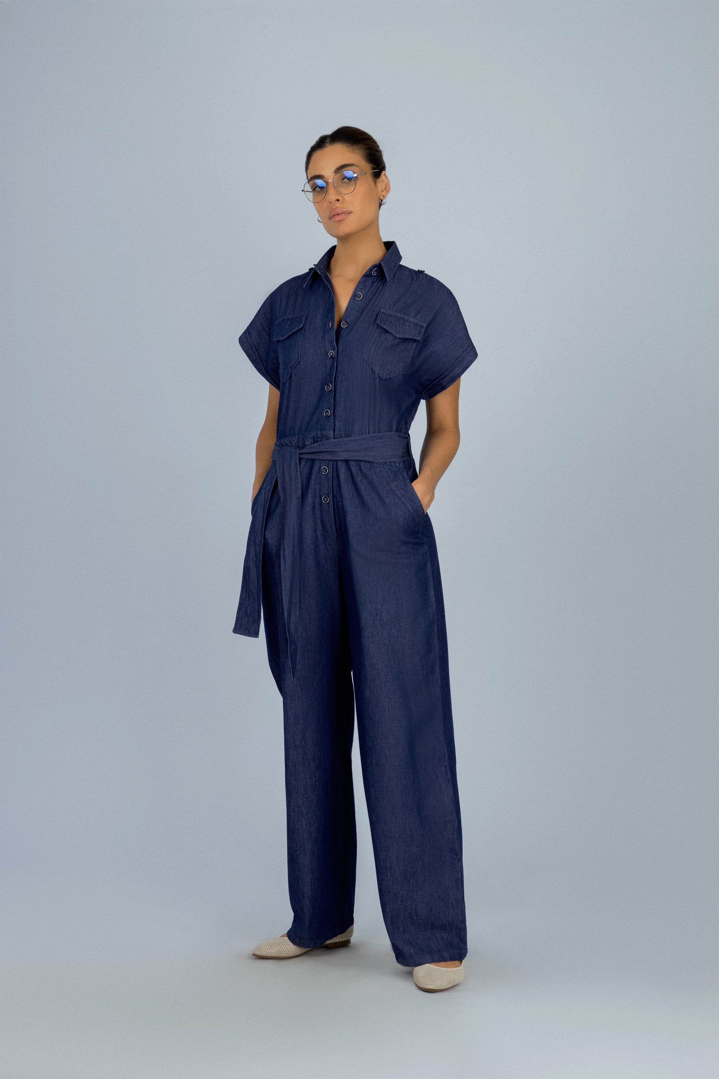 Navy Button-up Jeans jumpsuit