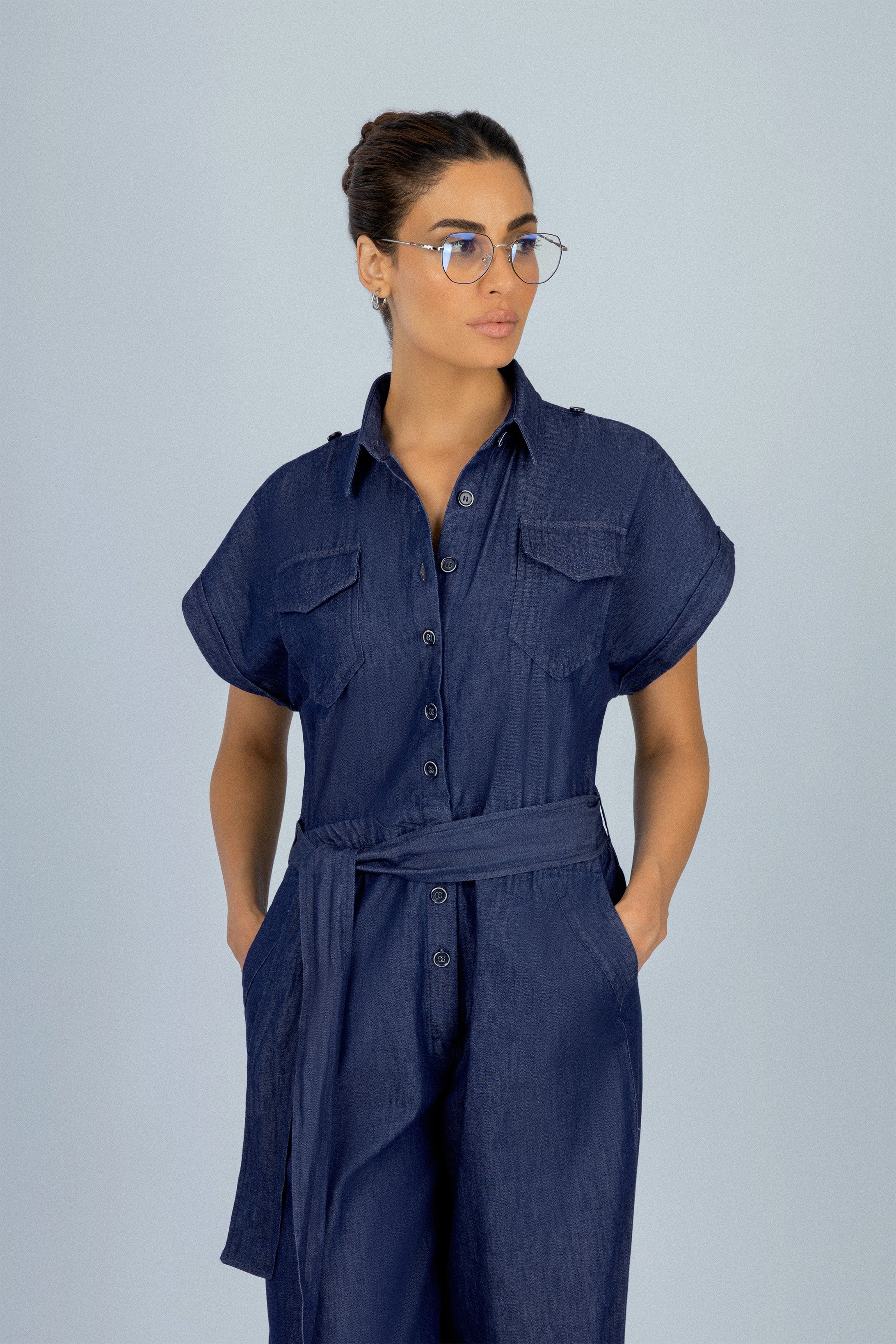 Navy Button-up Jeans jumpsuit