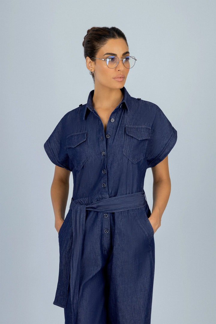 Navy Button-up Jeans jumpsuit