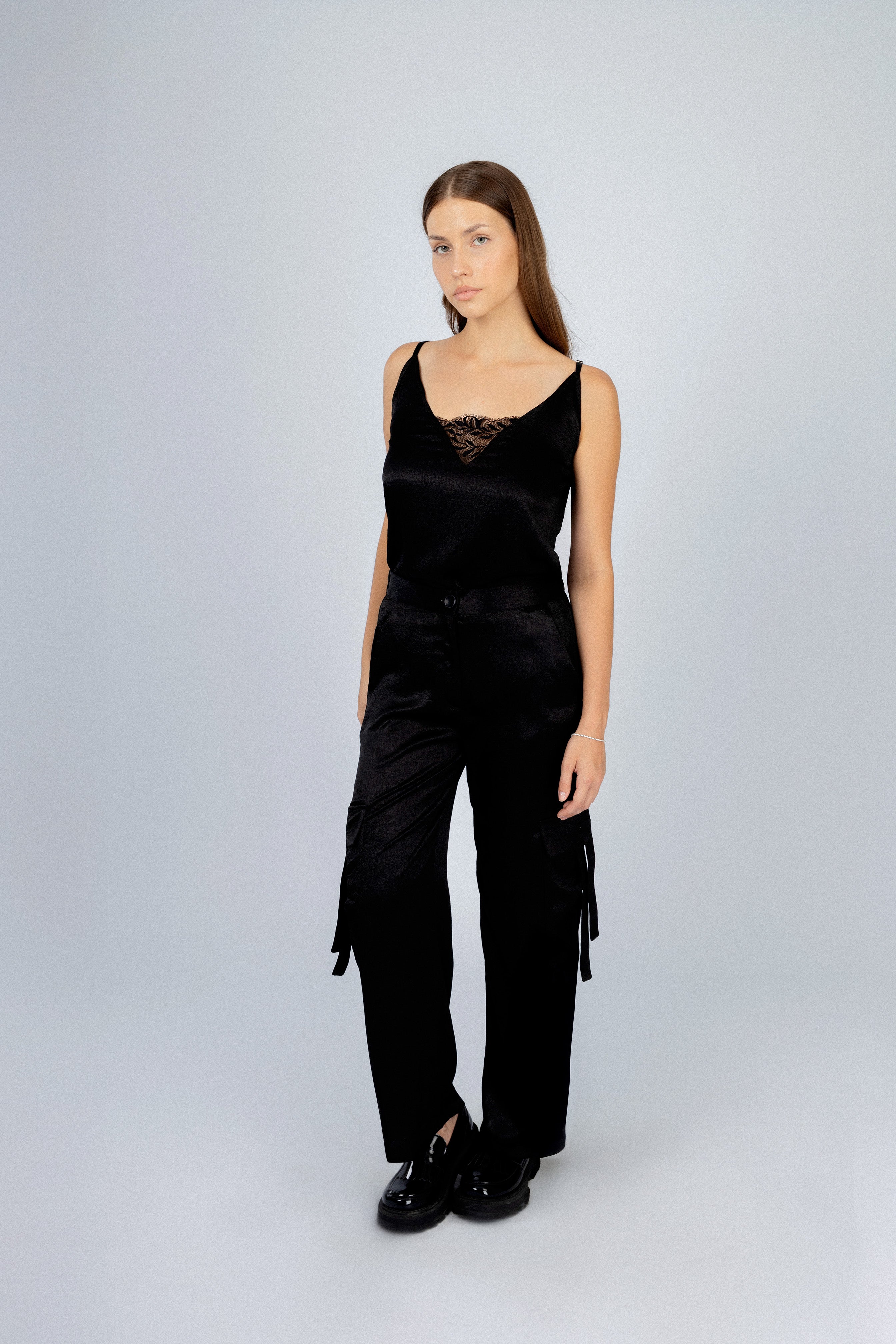 Women's Black Satin Cargo pants