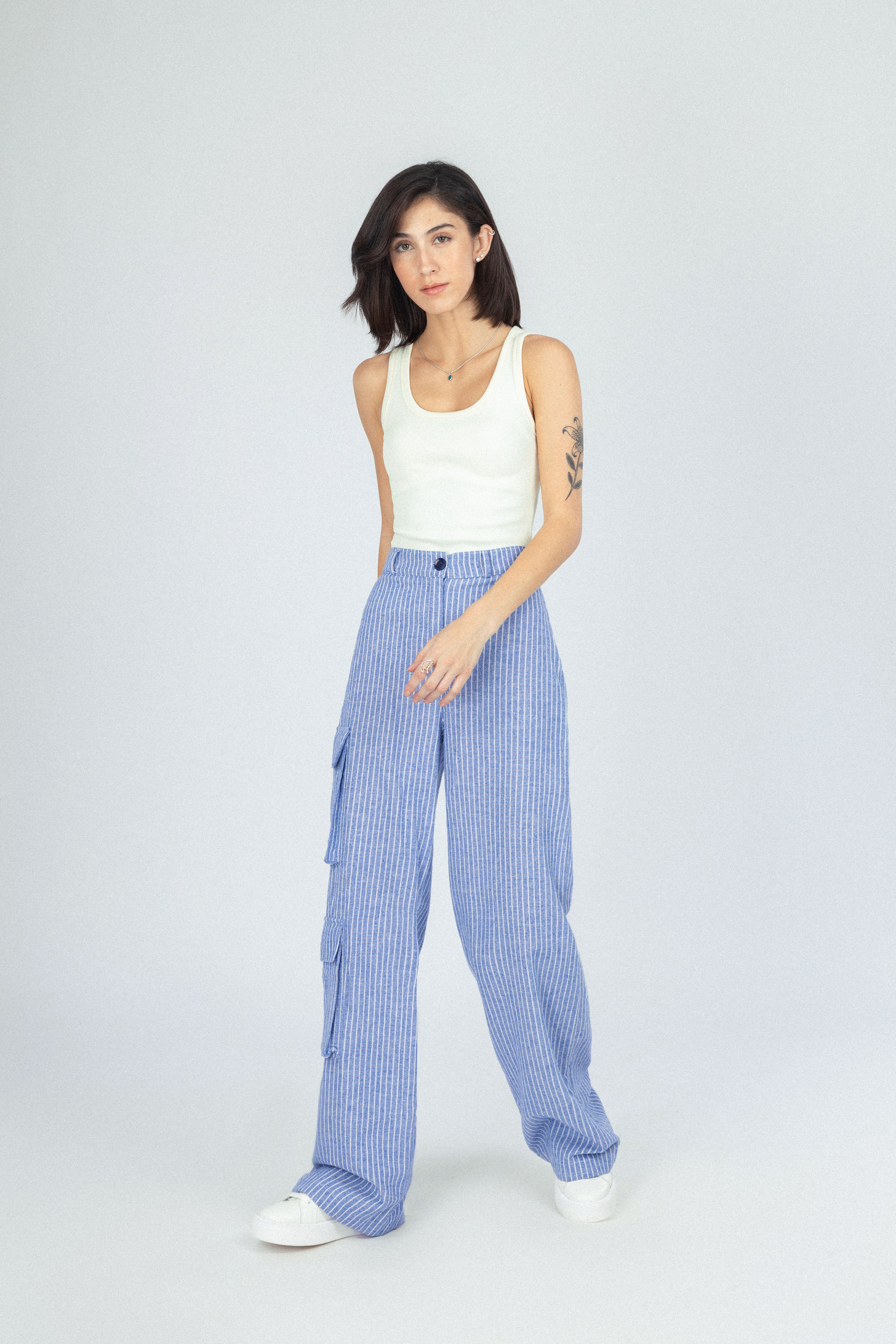 Striped Wide Leg Light Blue Linen Look Pant