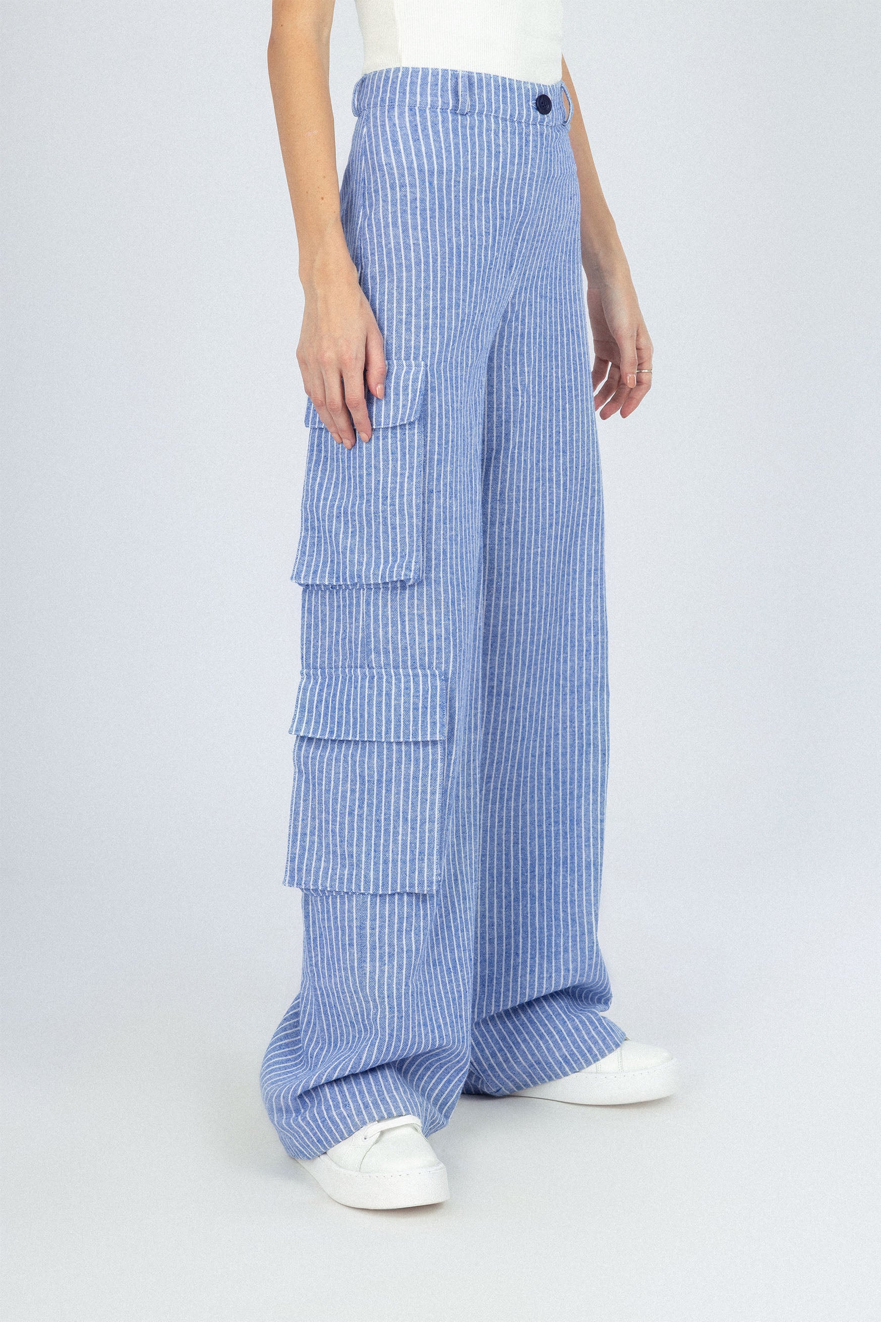 Striped Wide Leg Light Blue Linen Look Pant