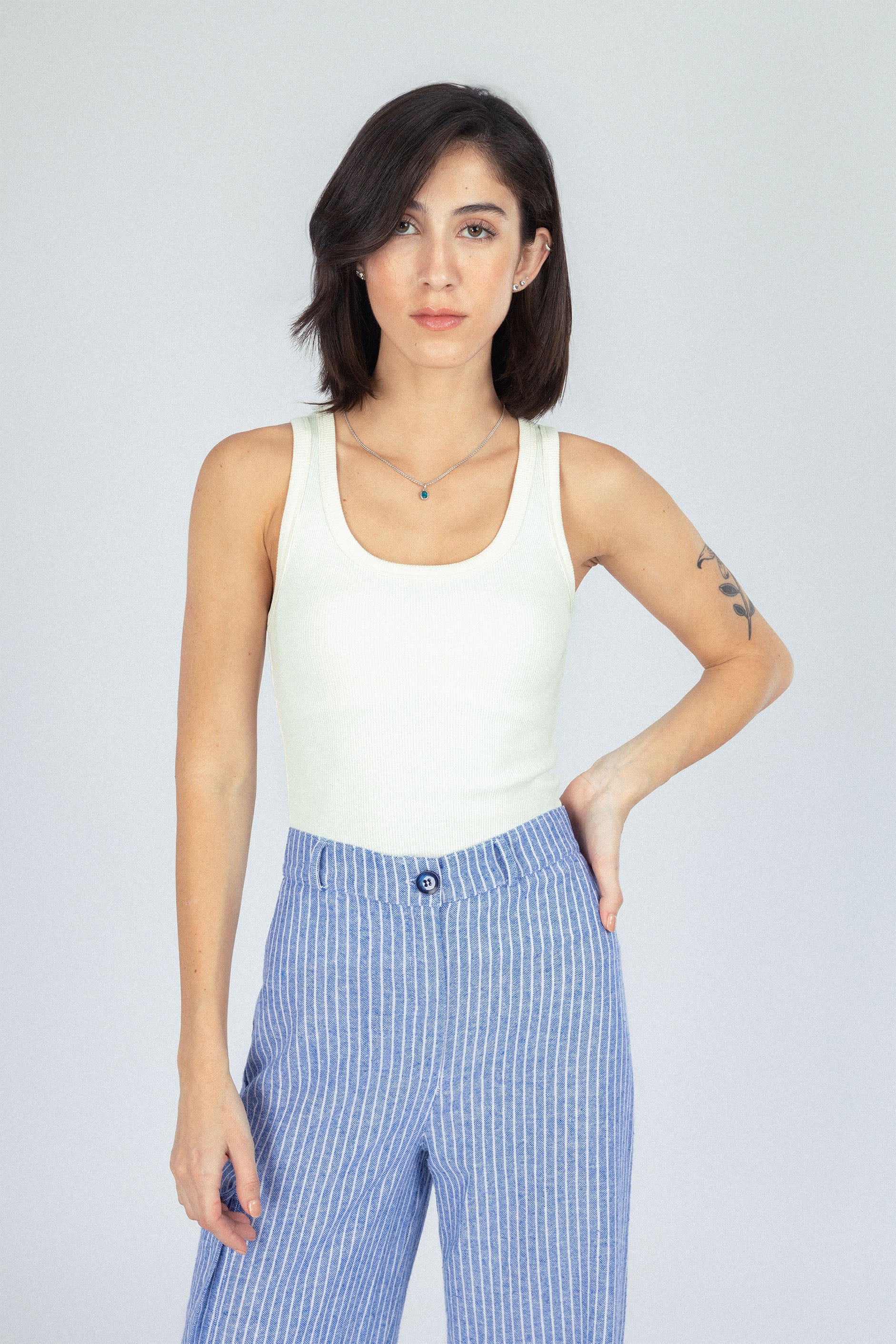Striped Wide Leg Light Blue Linen Look Pant
