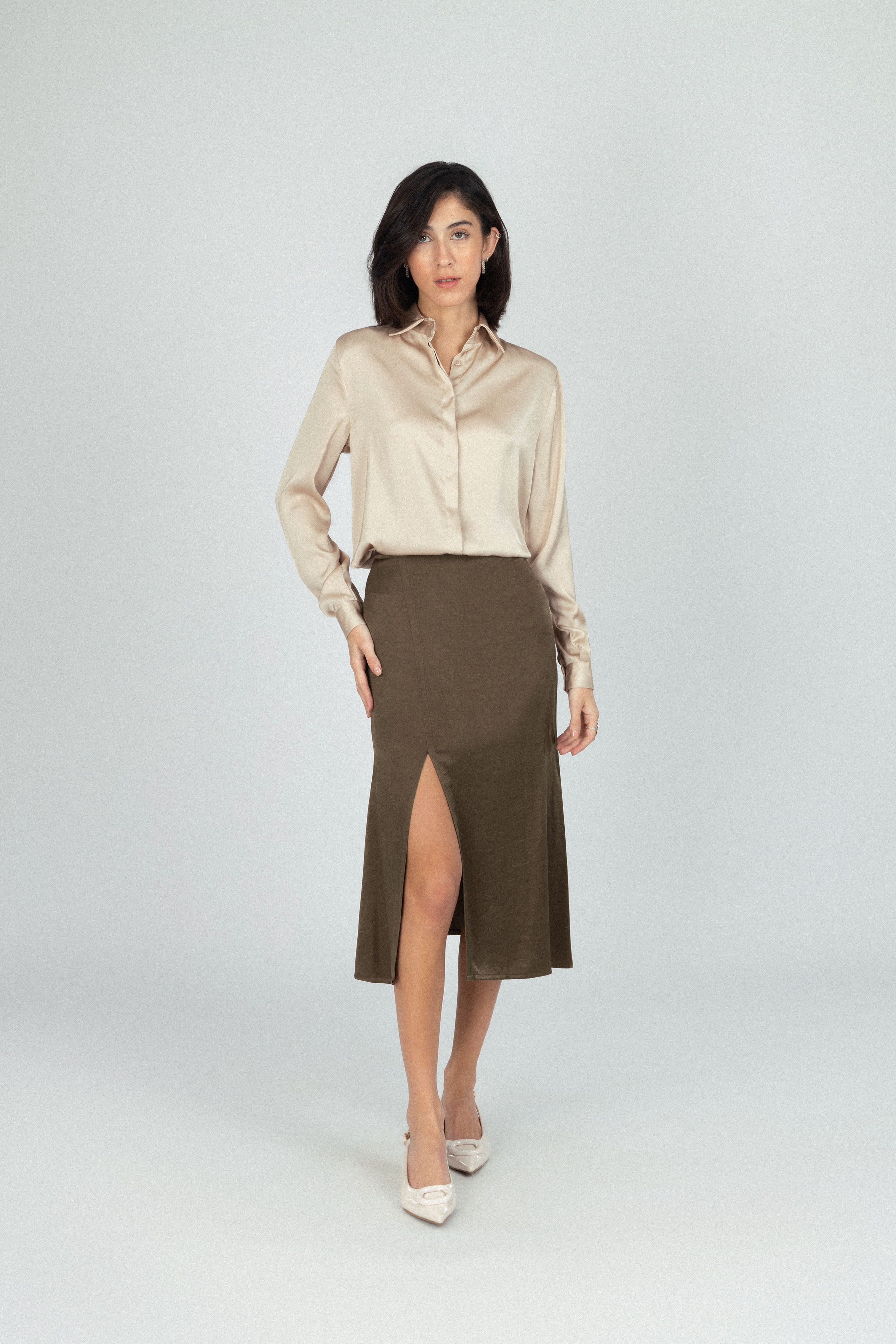 Solid Brown Satin Skirt