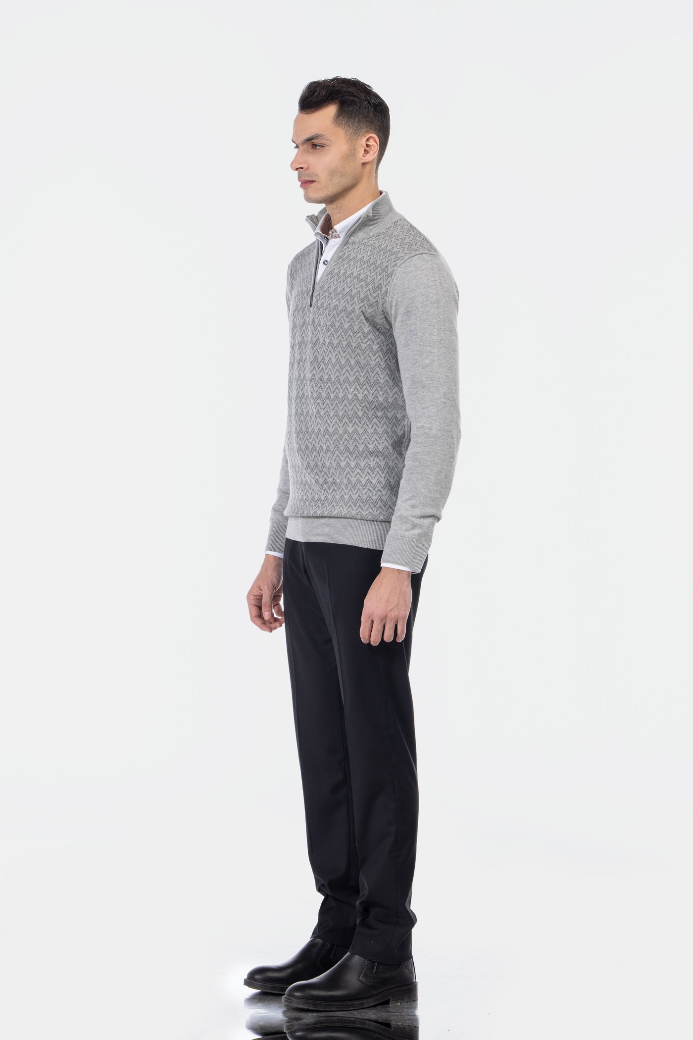 Jacquard Knitted Quarter Zip Gray  Pullover