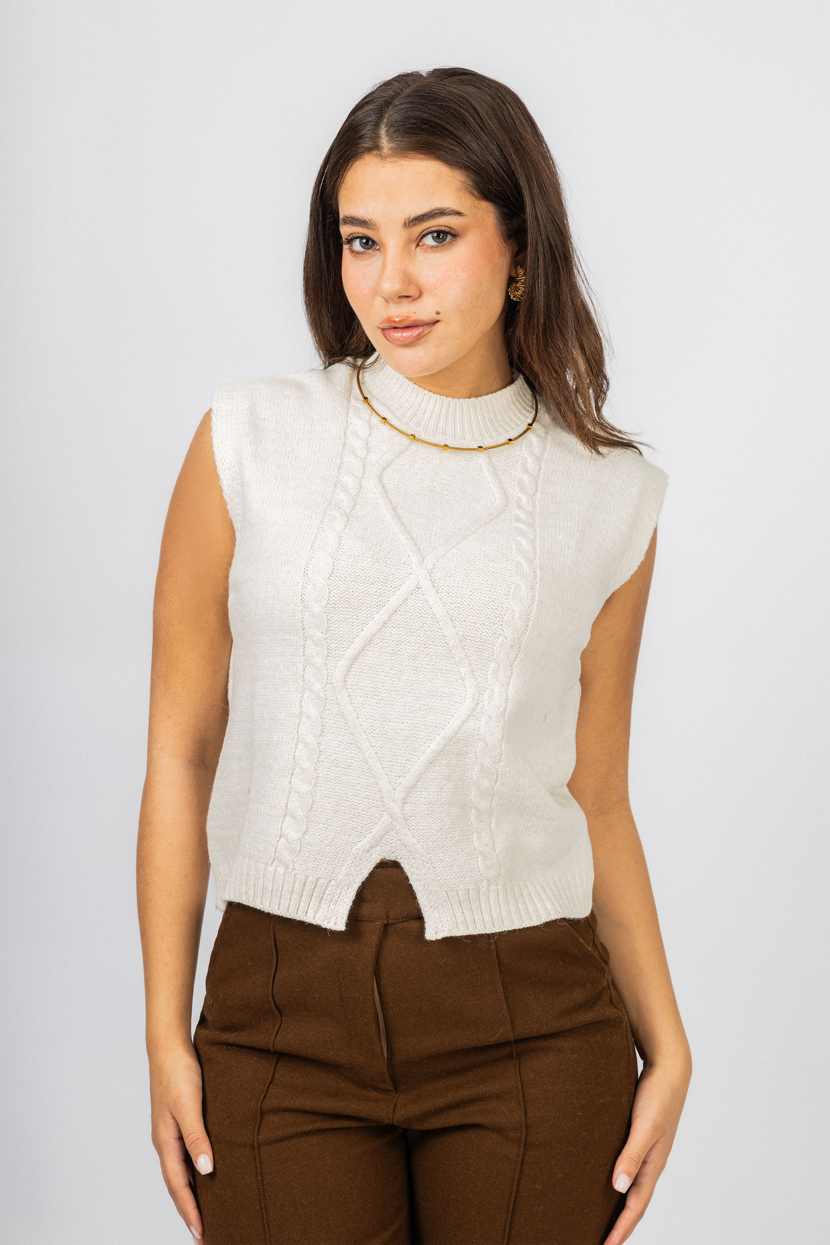 Off White Knitted Women Vest