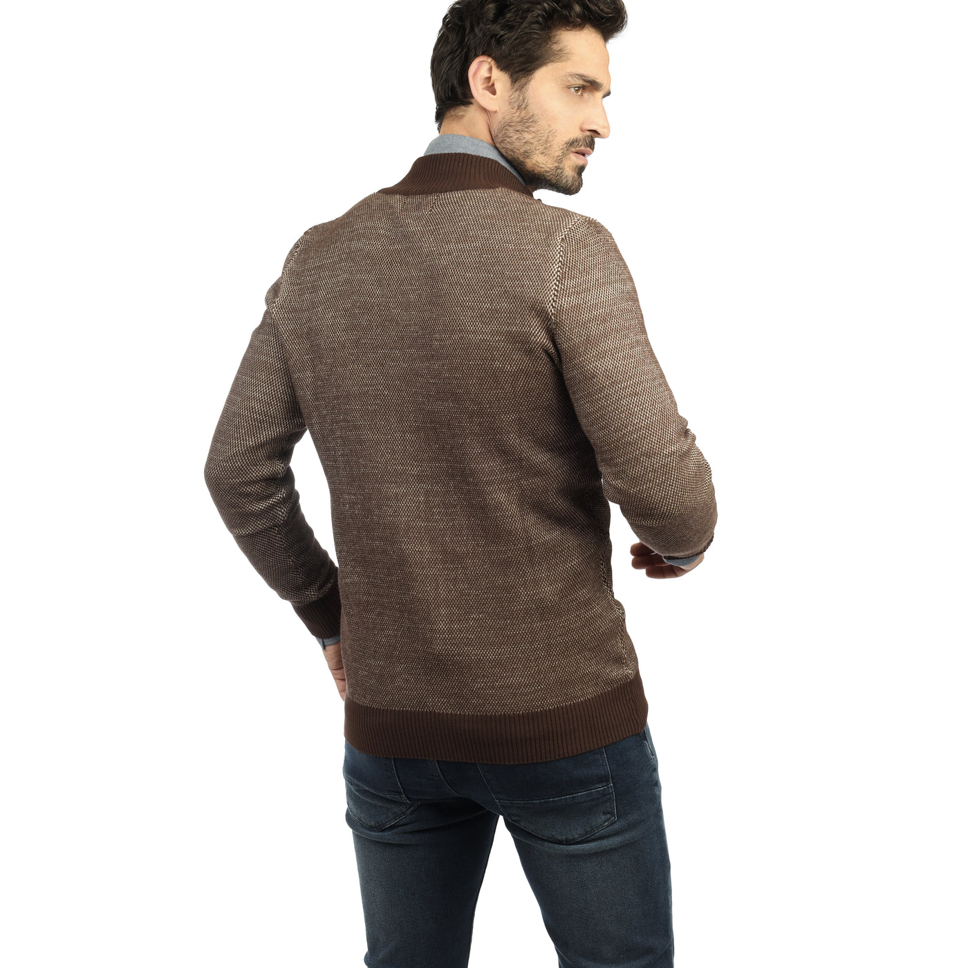 Brown knitwear jacket.